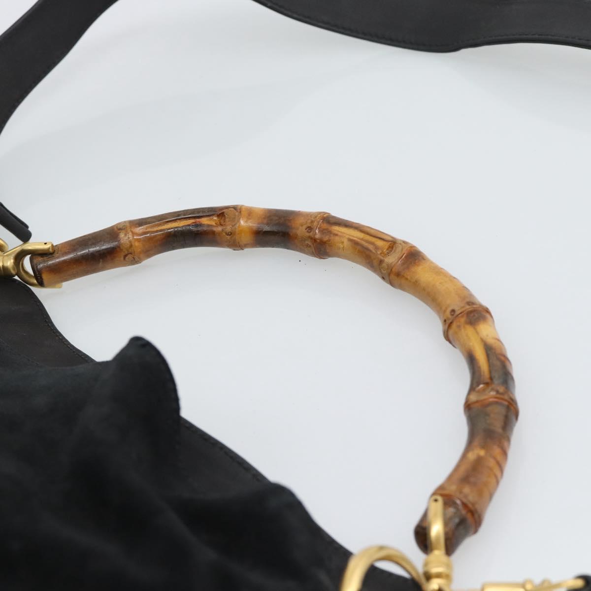 GUCCI Bamboo Shoulder Bag Suede 2way Black Gold Auth 195003