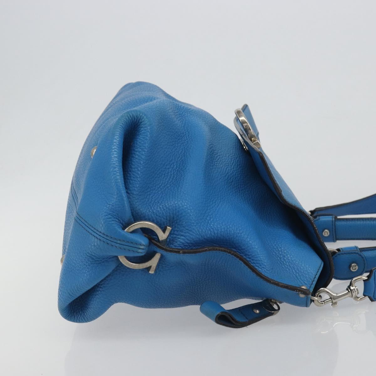Salvatore Ferragamo Gancini Hand Bag Leather 2way Blue Silver Auth 195004