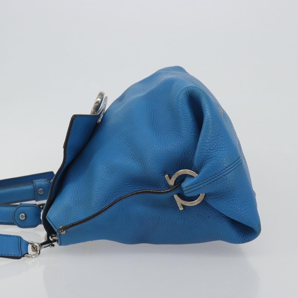 Salvatore Ferragamo Gancini Hand Bag Leather 2way Blue Silver Auth 195004
