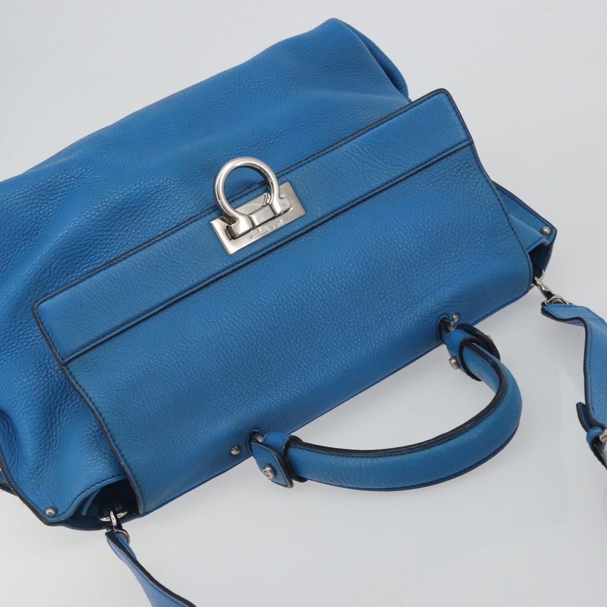 Salvatore Ferragamo Gancini Hand Bag Leather 2way Blue Silver Auth 195004