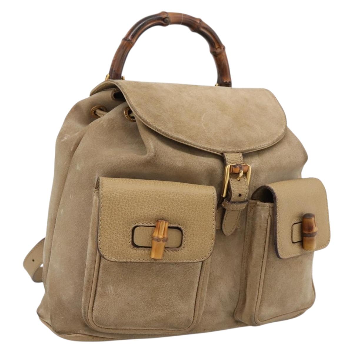 GUCCI Bamboo Backpack Suede Beige Gold 003 2058 0016 Auth 195005