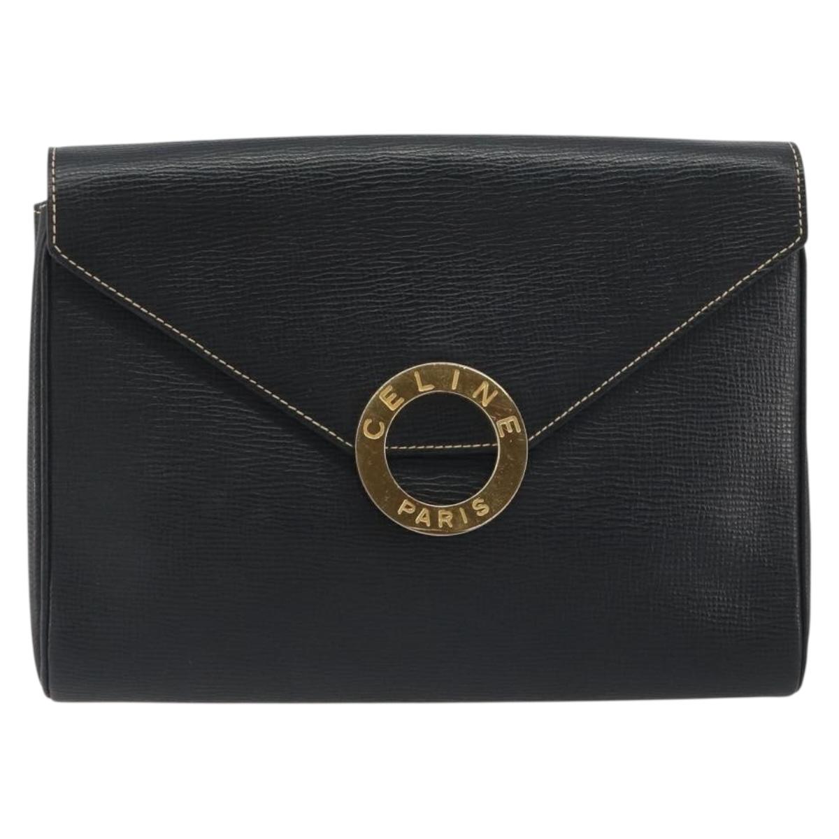 CELINE Circle Clutch Bag Leather Black Gold Auth 195006