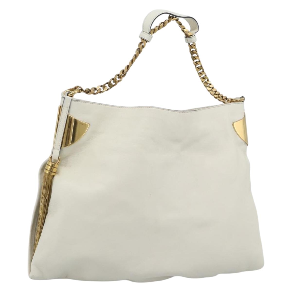 GUCCI Chain Shoulder Bag Leather White Gold 290682 Auth 195007A