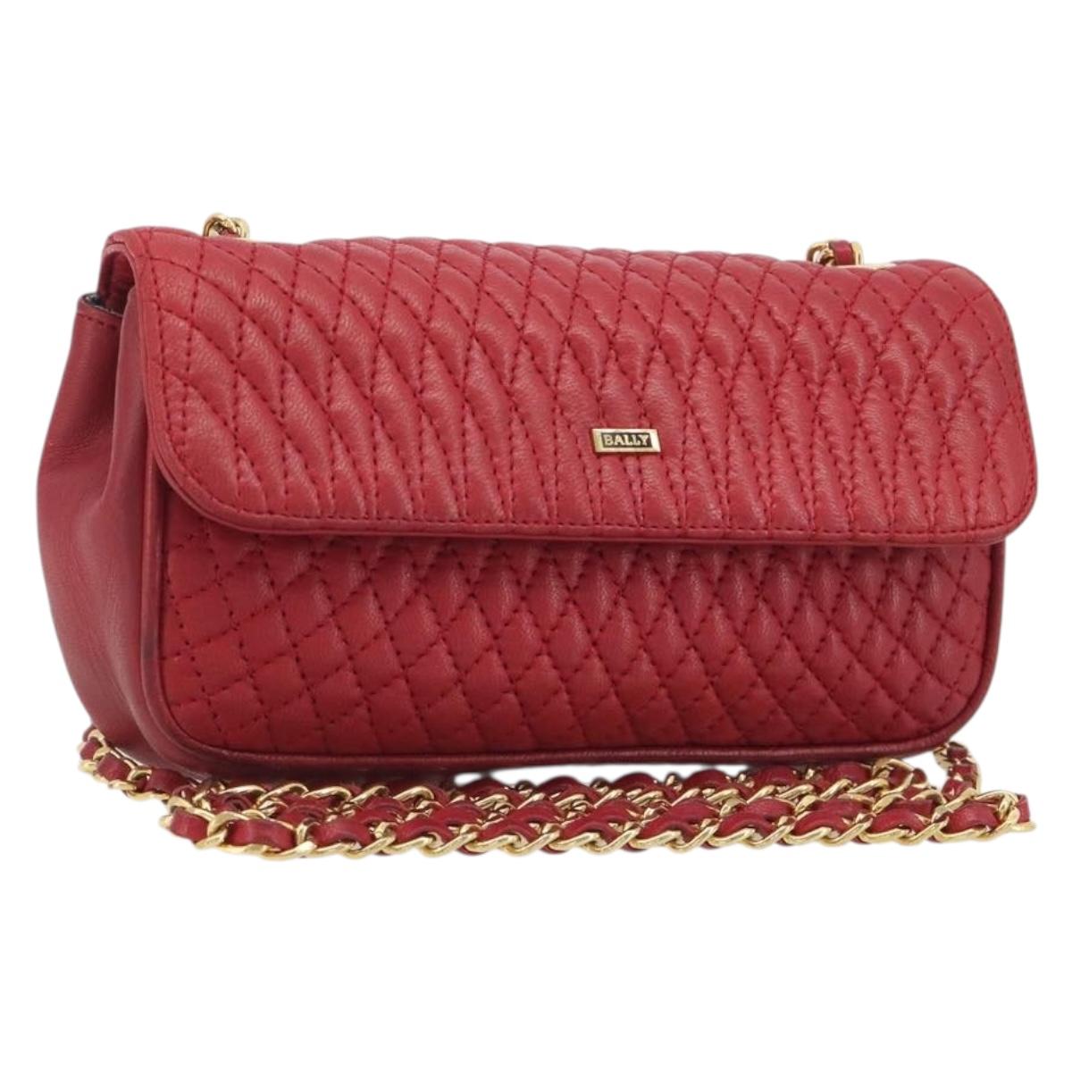 BALLY Chain Shoulder Bag Leather Red Gold Auth 195012