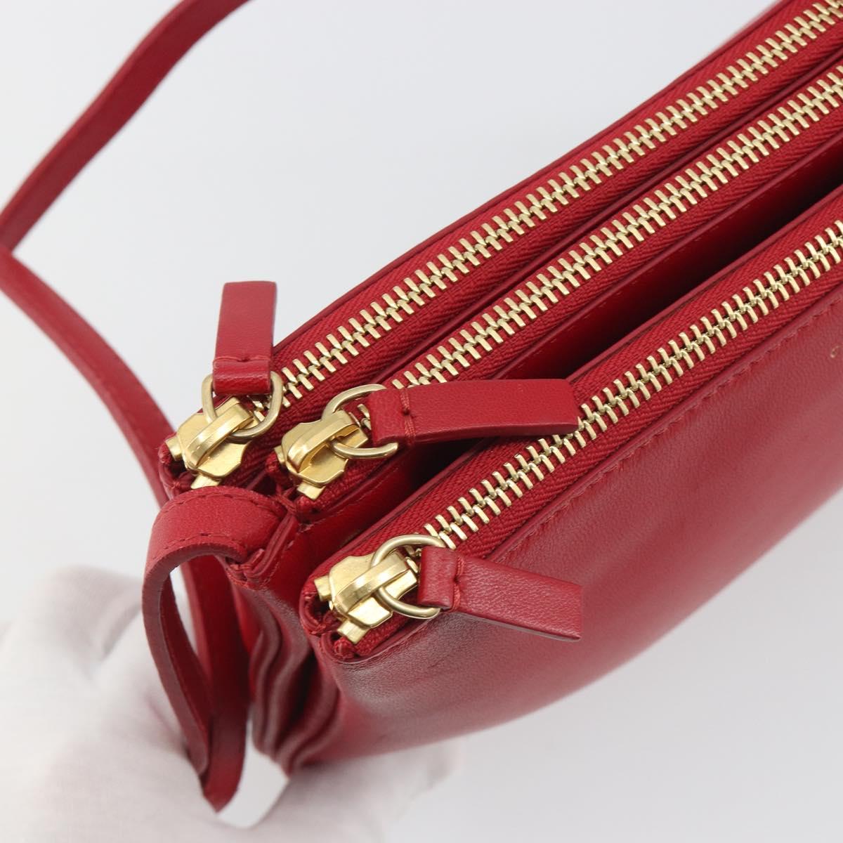 CELINE Trio Shoulder Bag Leather Red Gold Auth 195013A