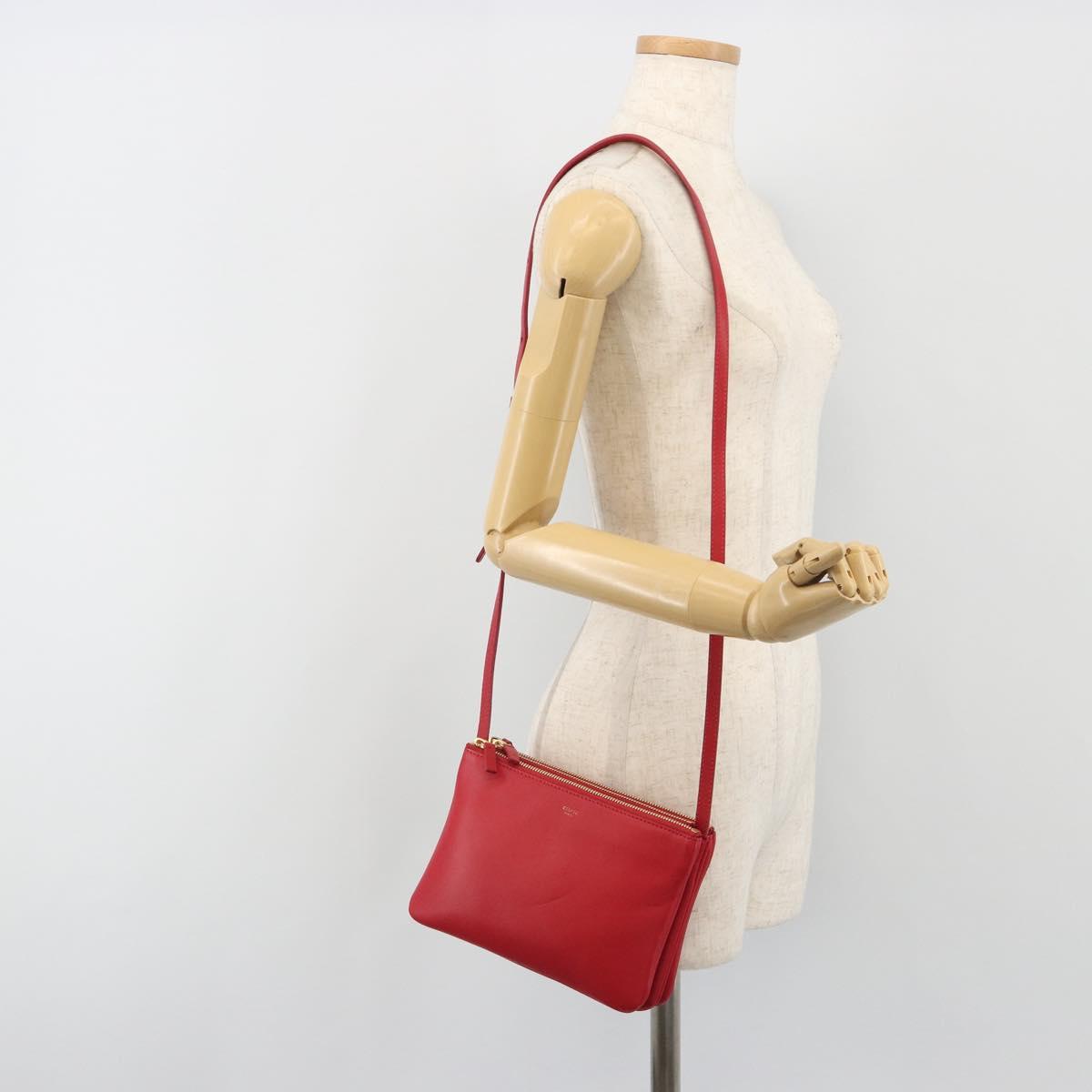 CELINE Trio Shoulder Bag Leather Red Gold Auth 195013A