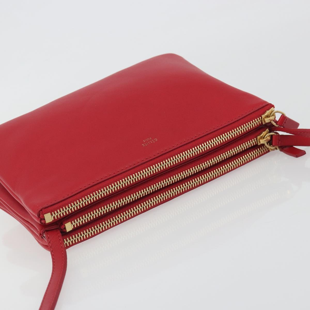 CELINE Trio Shoulder Bag Leather Red Gold Auth 195013A