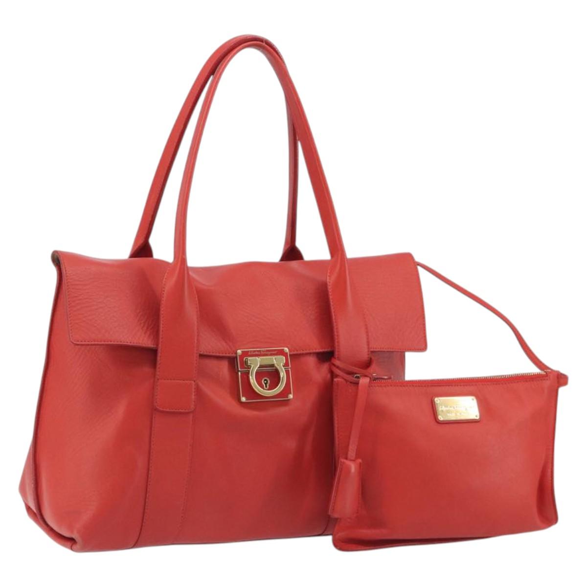 Salvatore Ferragamo Gancini Hand Bag Leather Red Gold Auth 195014