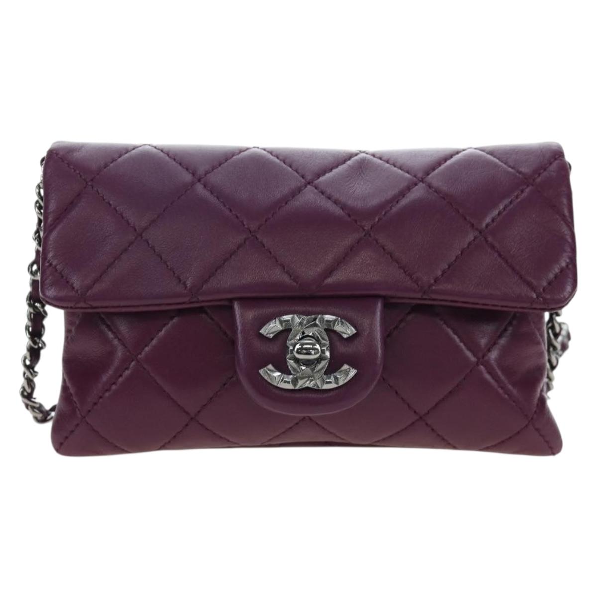 CHANEL Matelasse Chain Shoulder Bag Lamb Skin Purple Silver CC Auth 195019M