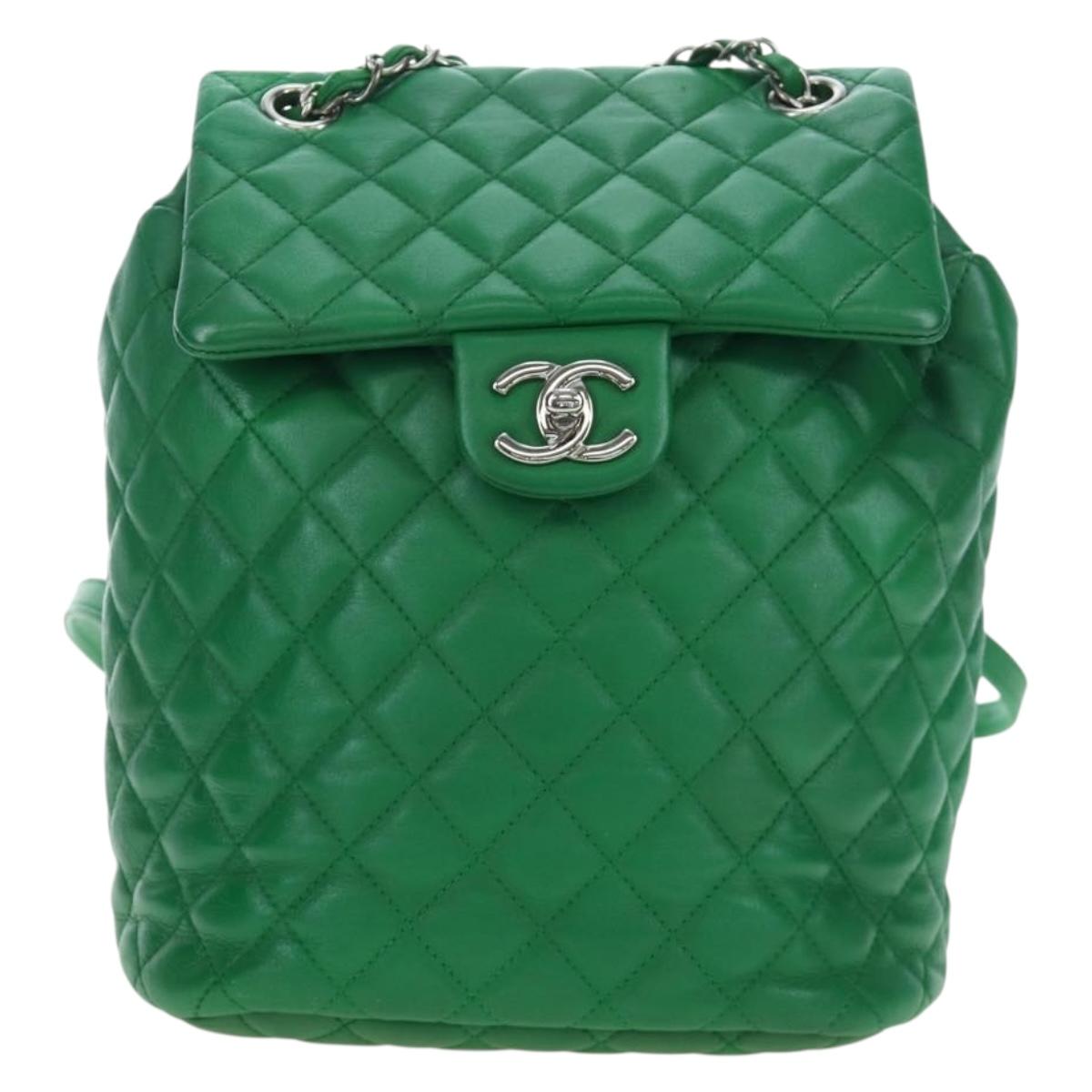 CHANEL Matelasse Chain Shoulder Backpack Lamb Skin Green Silver CC Auth 195024M