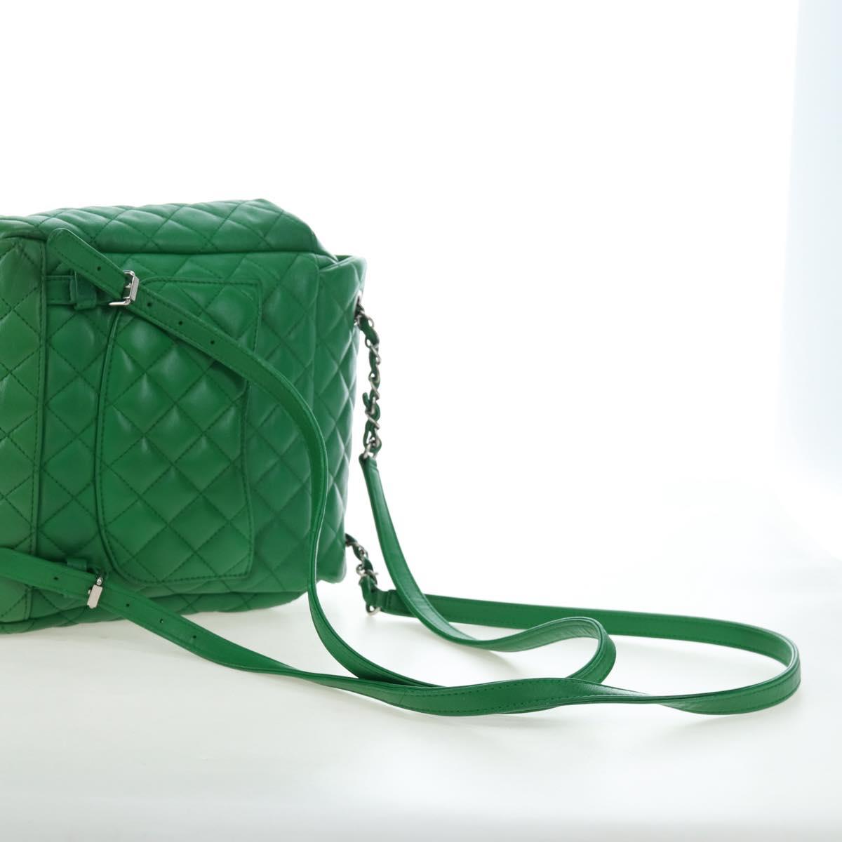 CHANEL Matelasse Chain Shoulder Backpack Lamb Skin Green Silver CC Auth 195024M