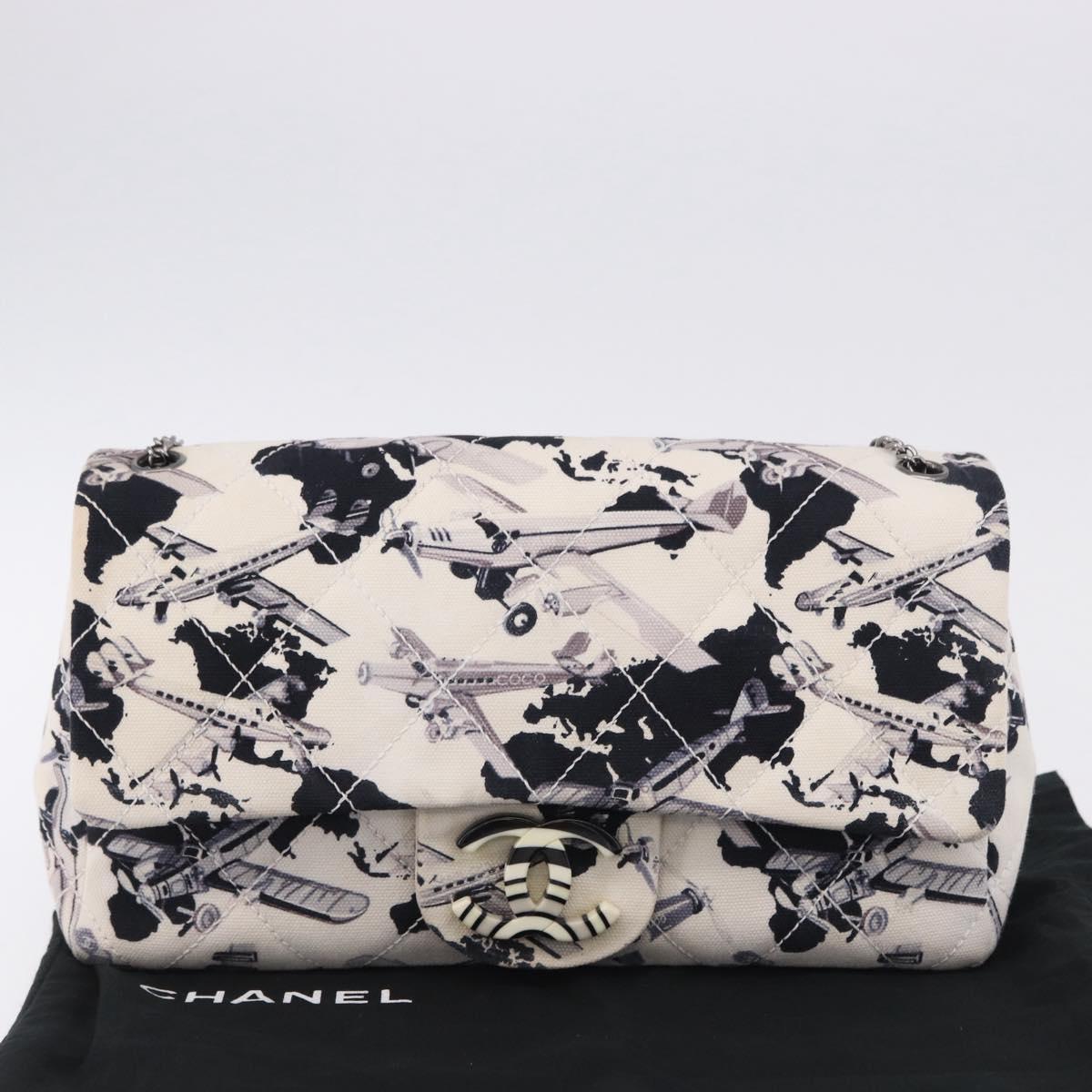 CHANEL Matelasse 25 Airline Shoulder Bag Canvas White Silver CC Auth 195026SAM