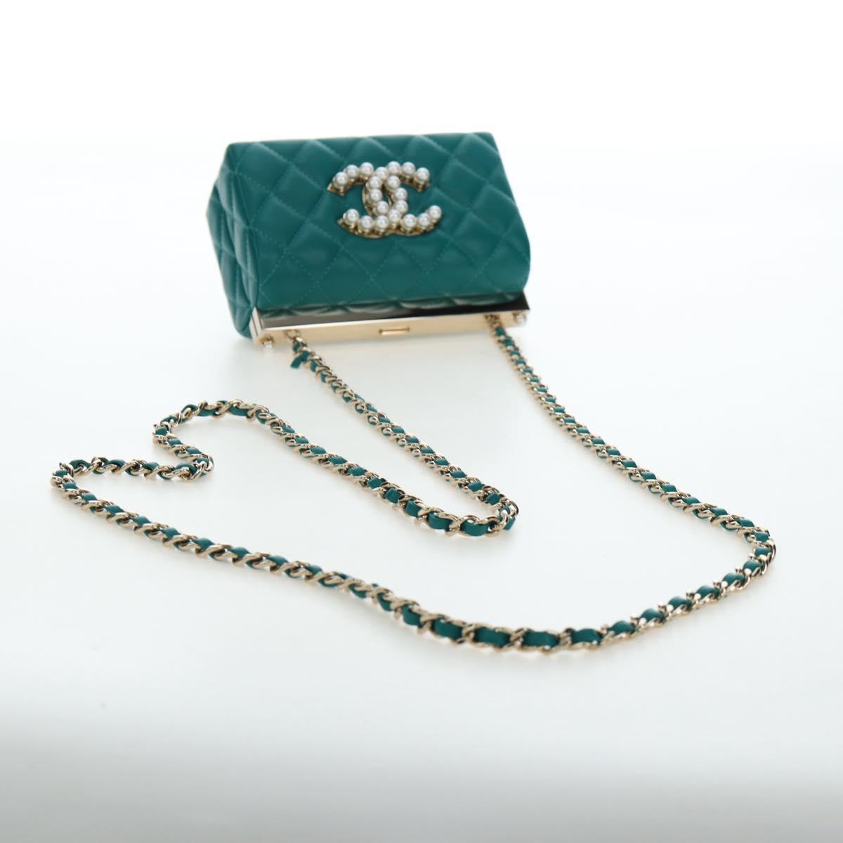 CHANEL Matelasse Chain Shoulder Bag Lamb Skin Green Gold CC Auth 195029SM
