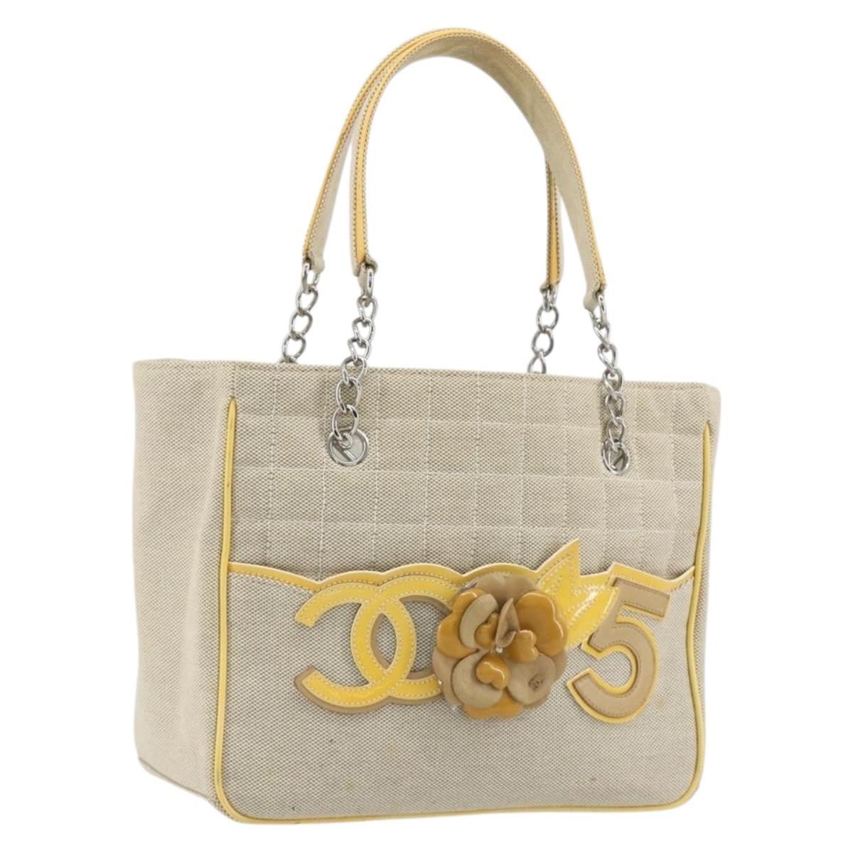 CHANEL Choco Bar Cambon Chain Tote Bag Canvas Beige Silver CC Auth 195070A