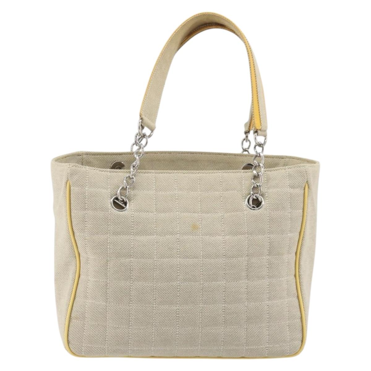 CHANEL Choco Bar Cambon Chain Tote Bag Canvas Beige Silver CC Auth 195070A