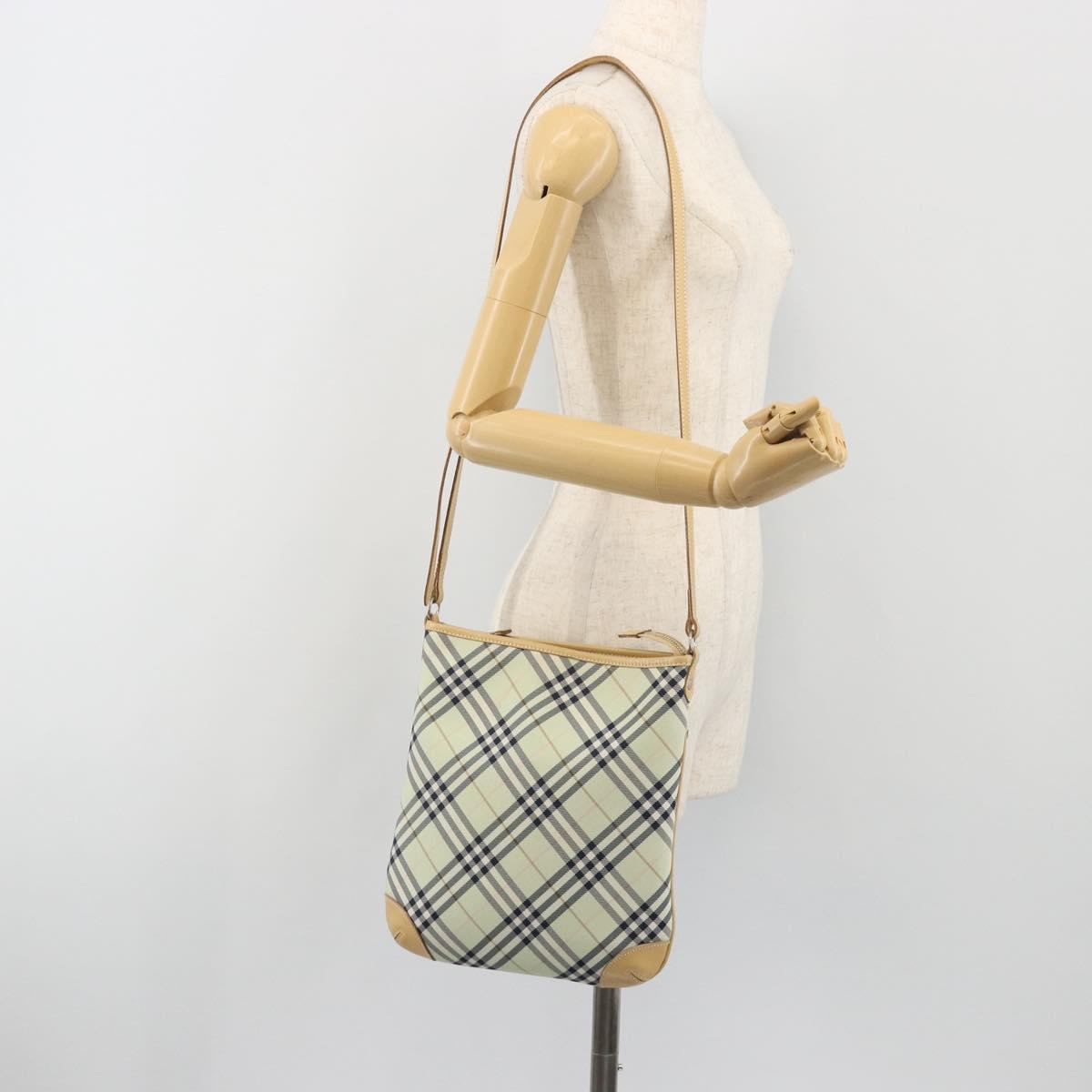 BURBERRY Nova Check Blue Label Shoulder Bag Nylon Green Silver Auth 195078A