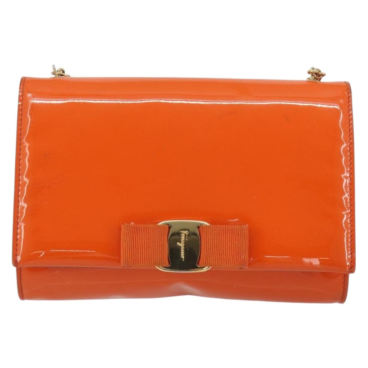 Salvatore Ferragamo Vala Chain Bag Patent leather Orange Gold Auth 195082