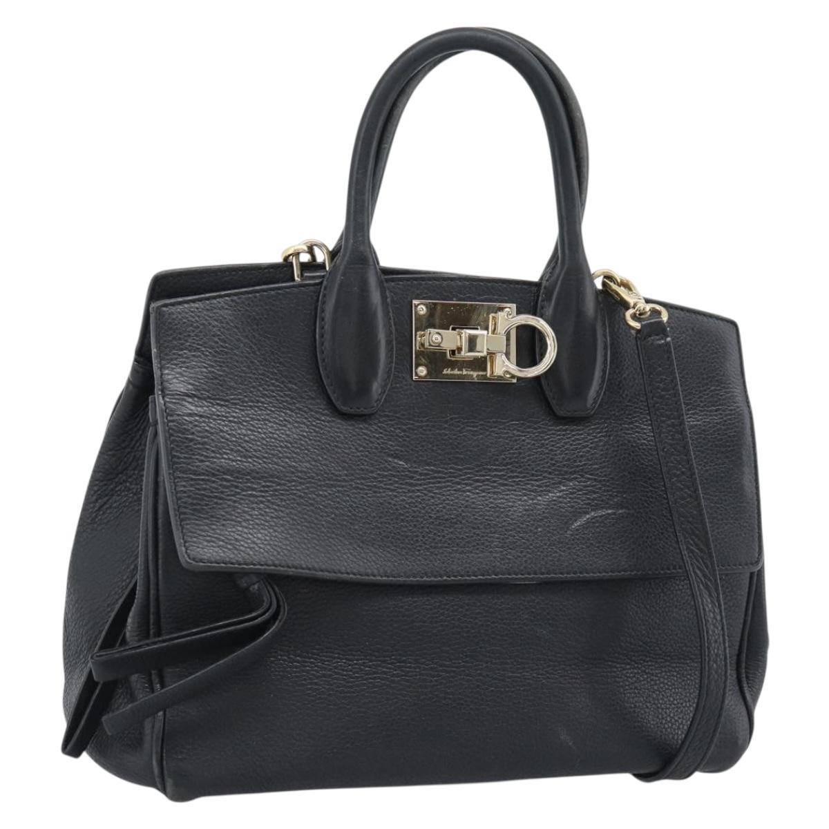 Salvatore Ferragamo Gancini Studio Hand Bag Leather 2way Black Gold Auth 195088