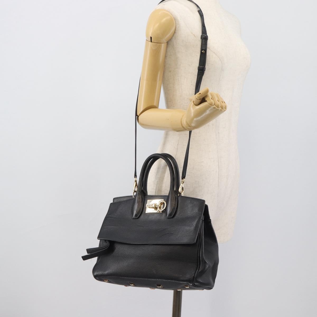 Salvatore Ferragamo Gancini Studio Hand Bag Leather 2way Black Gold Auth 195088