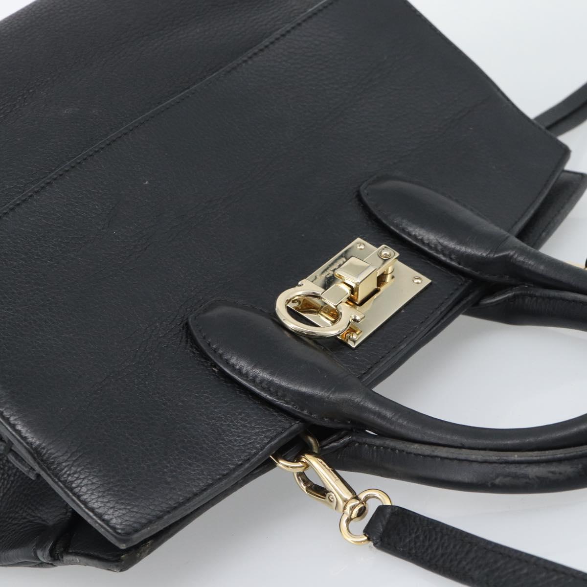 Salvatore Ferragamo Gancini Studio Hand Bag Leather 2way Black Gold Auth 195088