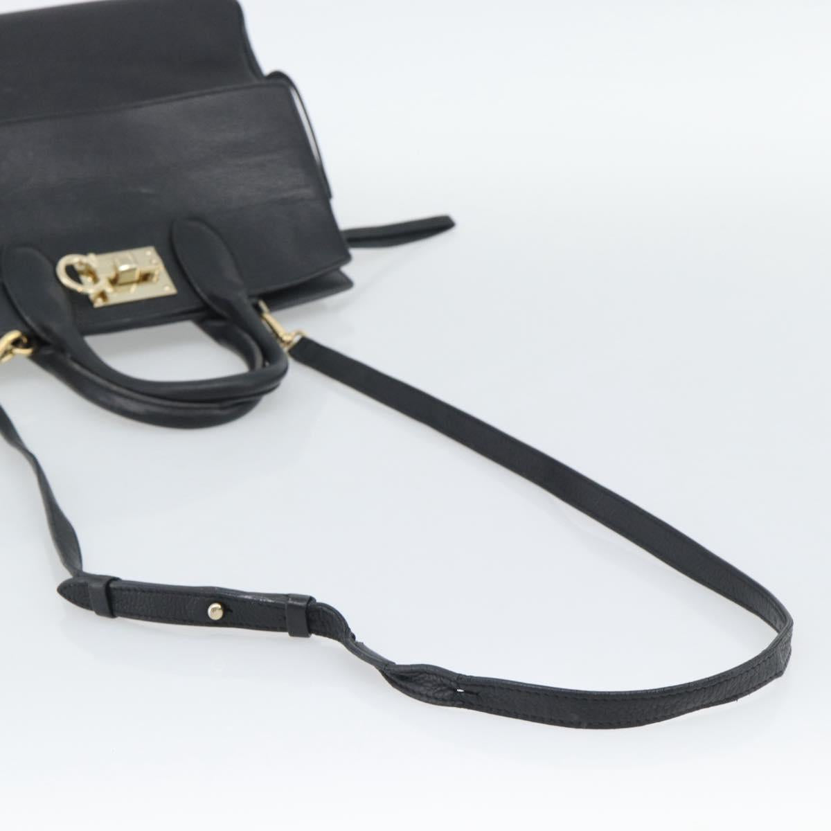 Salvatore Ferragamo Gancini Studio Hand Bag Leather 2way Black Gold Auth 195088