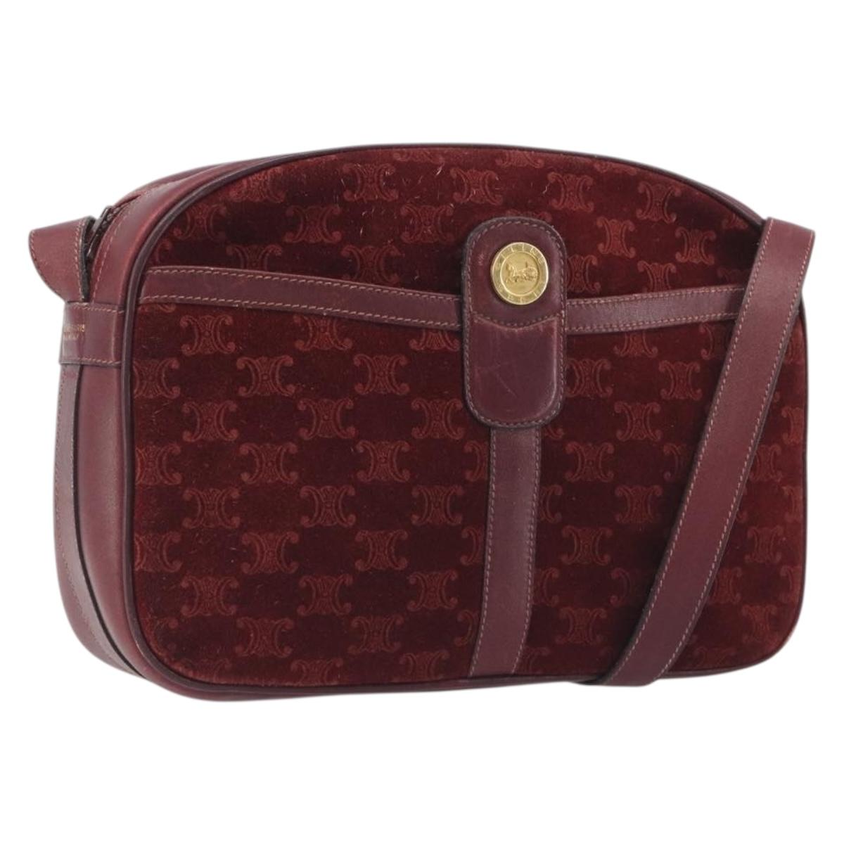 CELINE Macadam Canvas Horse Carriage Bag Suede Bordeaux Gold Auth 195091
