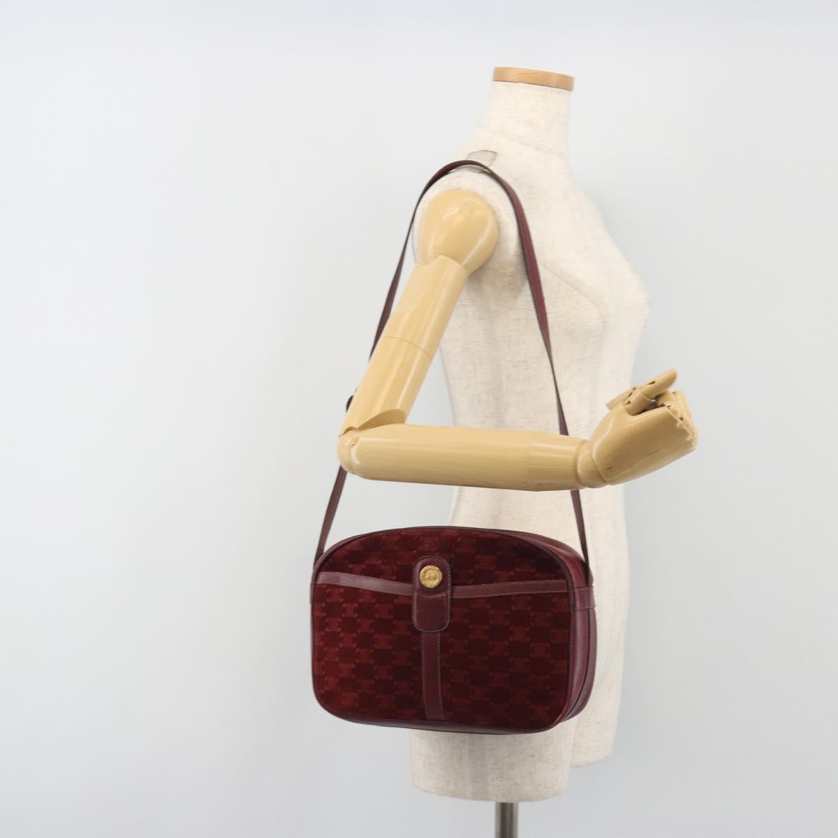 CELINE Macadam Canvas Horse Carriage Bag Suede Bordeaux Gold Auth 195091