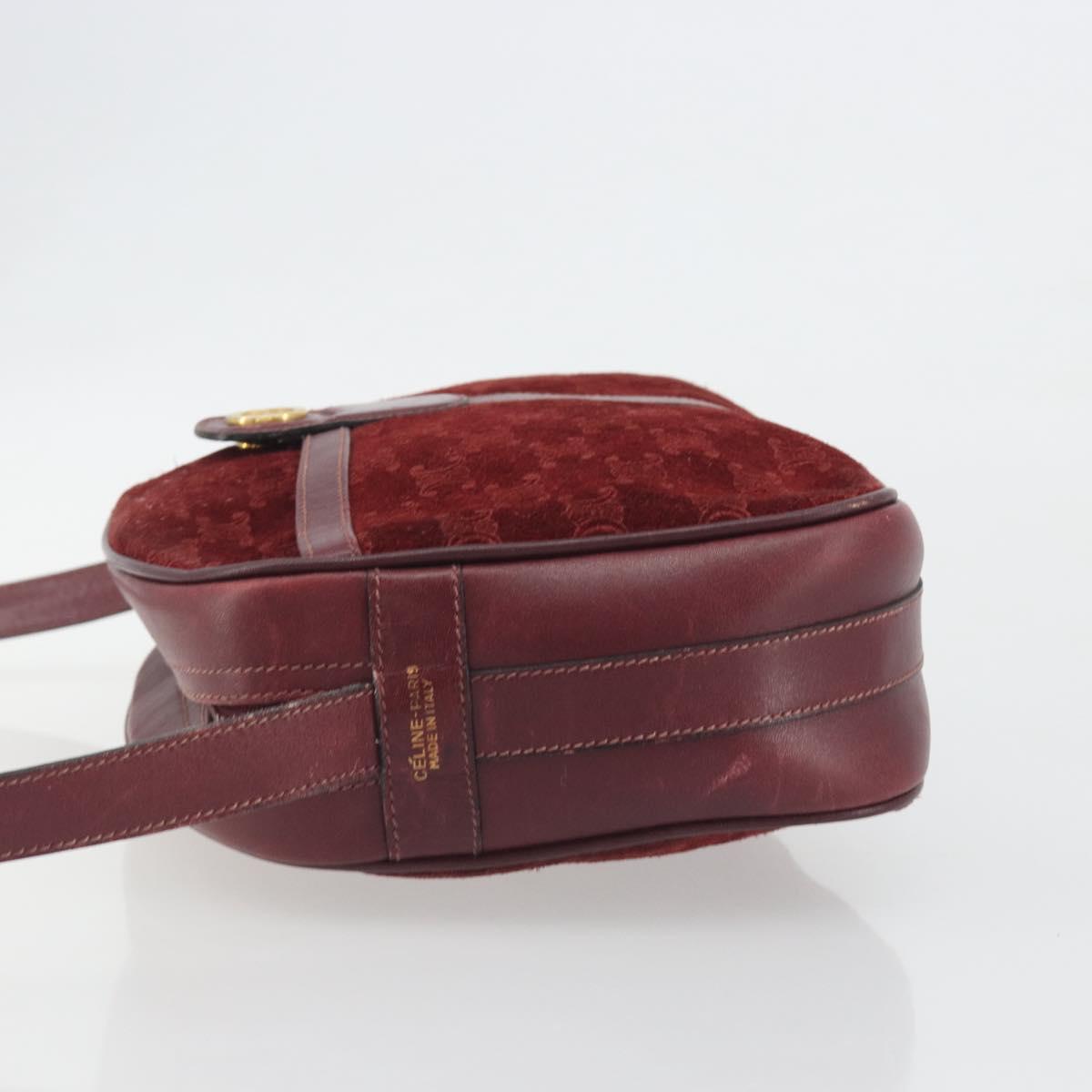 CELINE Macadam Canvas Horse Carriage Bag Suede Bordeaux Gold Auth 195091
