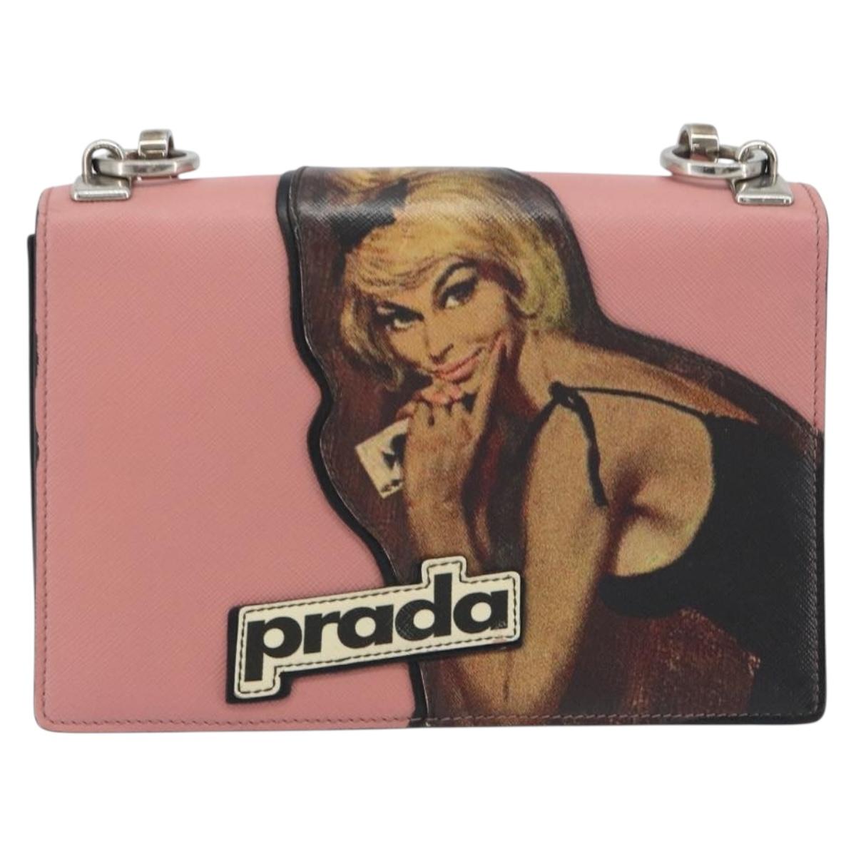PRADA Chain Shoulder Bag Saffiano leather Pink Silver Auth 195095A