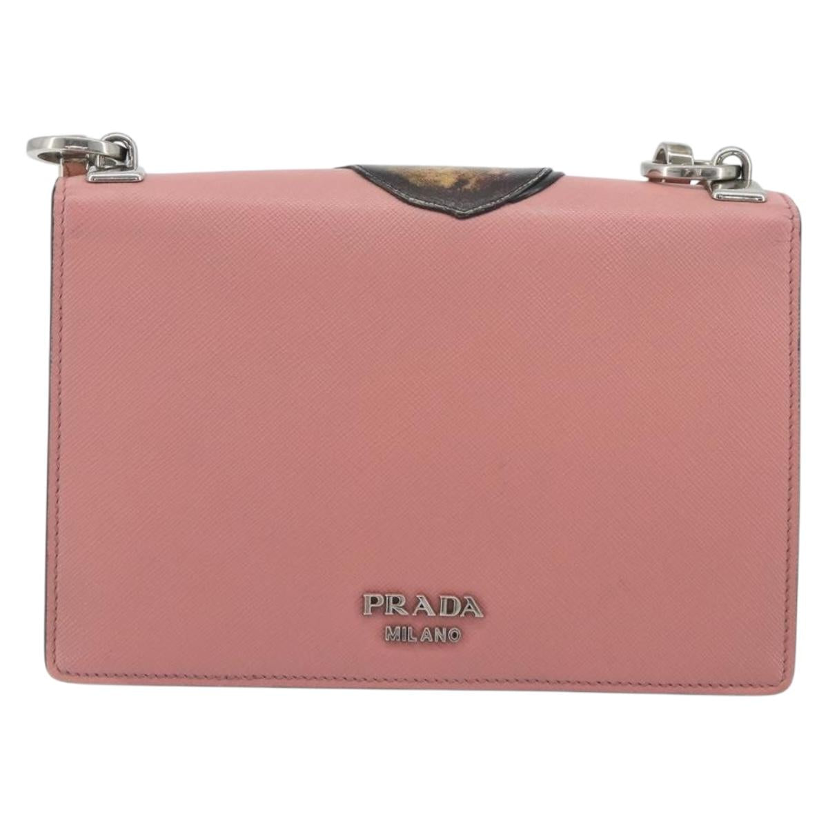 PRADA Chain Shoulder Bag Saffiano leather Pink Silver Auth 195095A