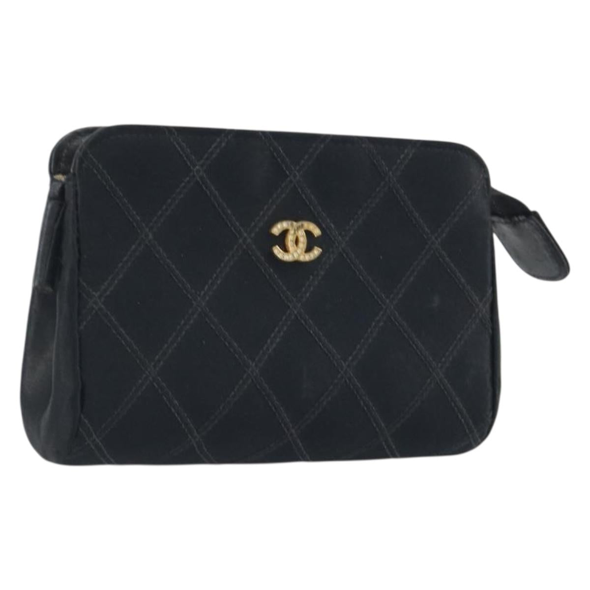 CHANEL Bicolore Pouch Satin Black Gold CC Auth 195103