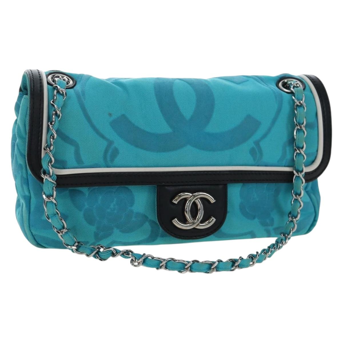 CHANEL Chain Shoulder Bag Canvas Turquoise Blue Silver CC Auth 195104M
