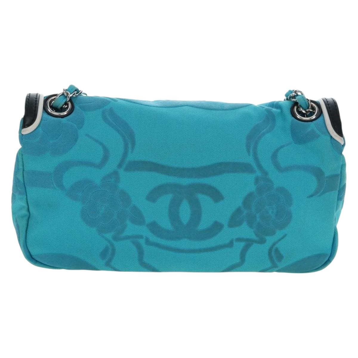 CHANEL Chain Shoulder Bag Canvas Turquoise Blue Silver CC Auth 195104M