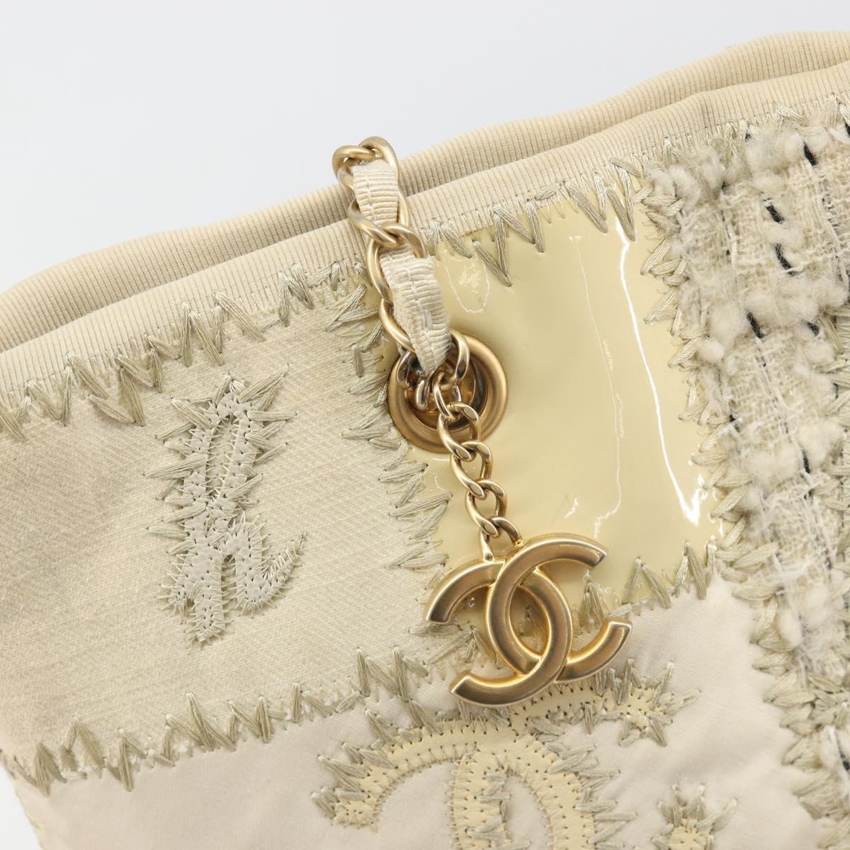 CHANEL Patchwork Chain Tote Bag Tweed Ivory Gold CC Auth 195106SM