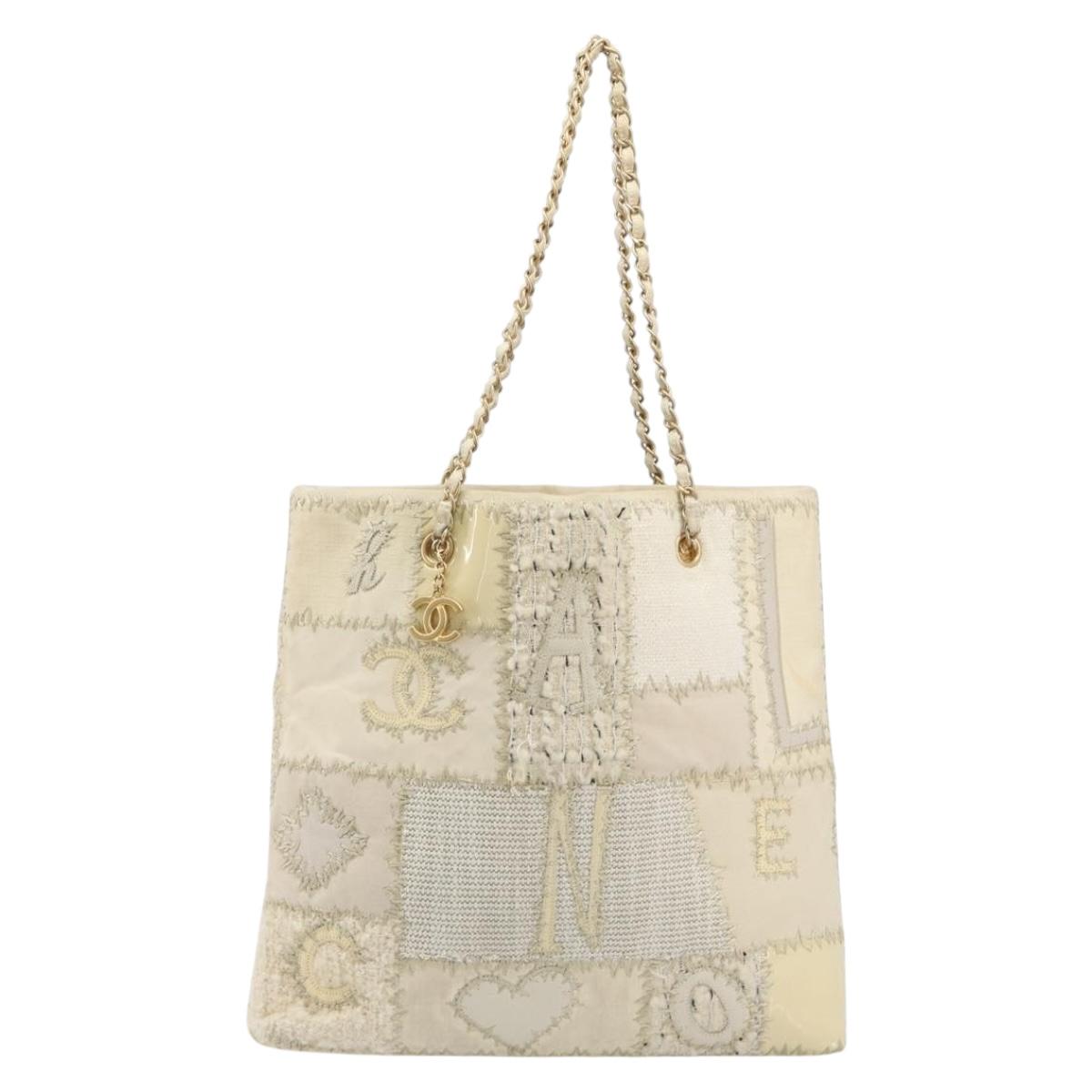 CHANEL Patchwork Chain Tote Bag Tweed Ivory Gold CC Auth 195106SM