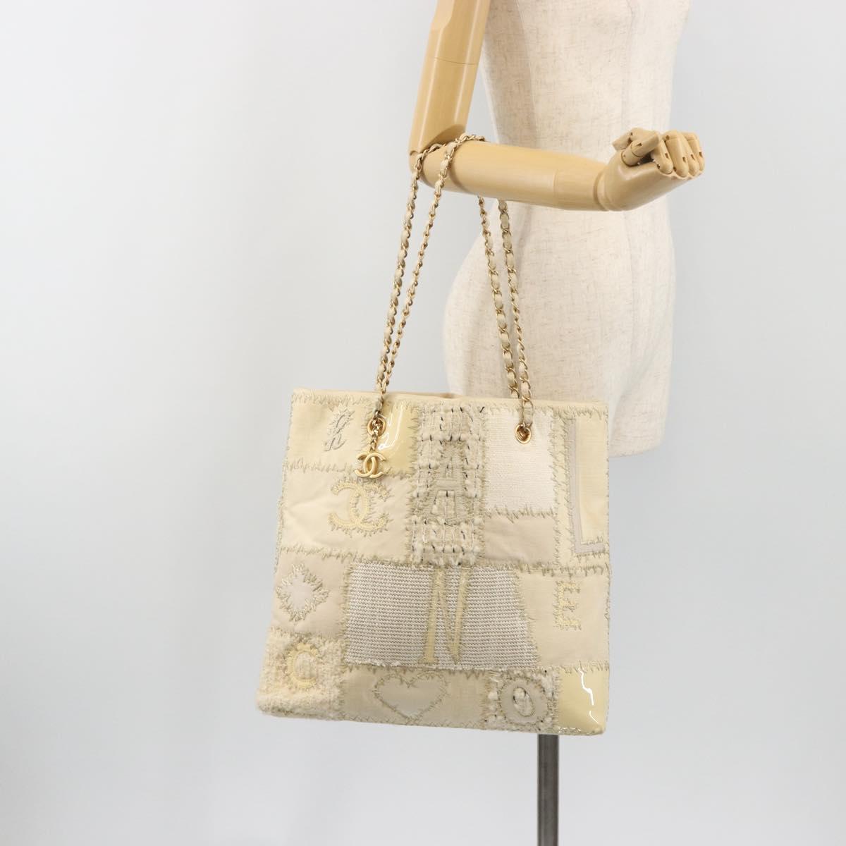 CHANEL Patchwork Chain Tote Bag Tweed Ivory Gold CC Auth 195106SM