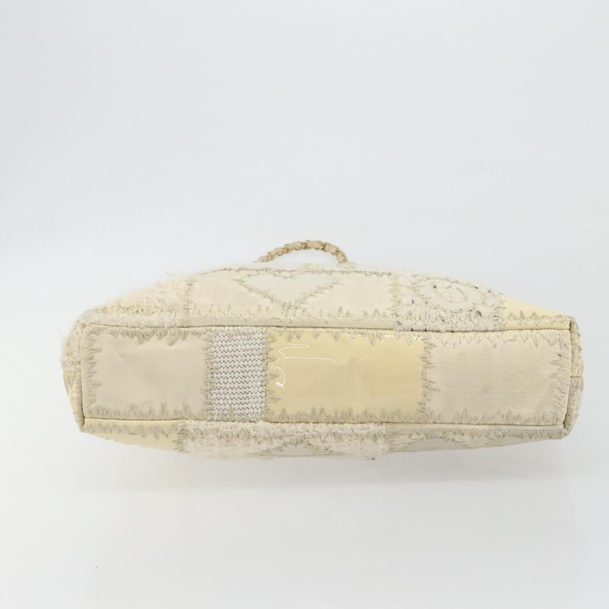 CHANEL Patchwork Chain Tote Bag Tweed Ivory Gold CC Auth 195106SM