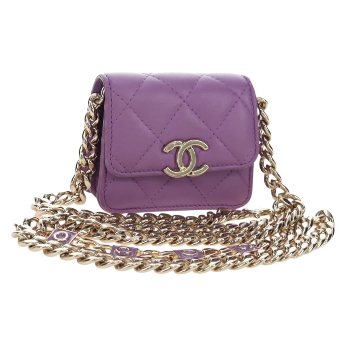 CHANEL Matelasse Chain Shoulder Pouch Lamb Skin Purple Gold CC Auth 195109M