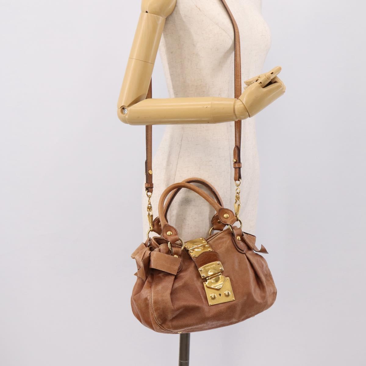 Miu Miu Ribbon Hand Bag Leather 2way Brown Gold Auth 195137V