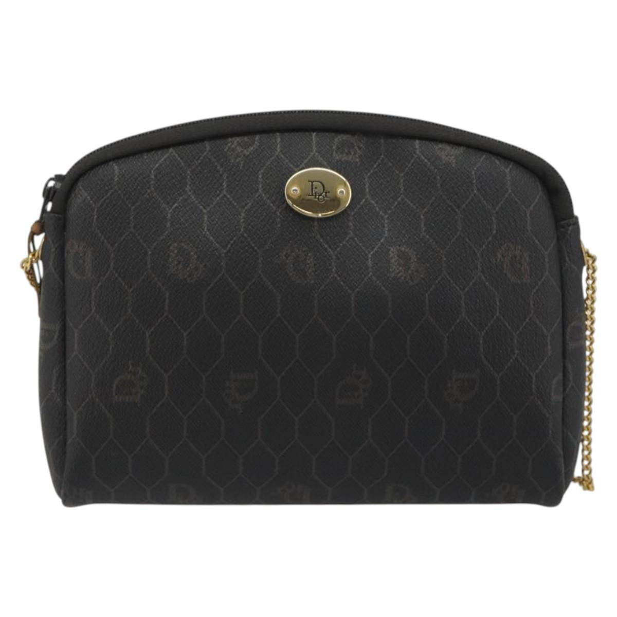 Christian Dior Honeycomb Canvas Chain Shoulder Bag PVC Black Gold Auth 195166A