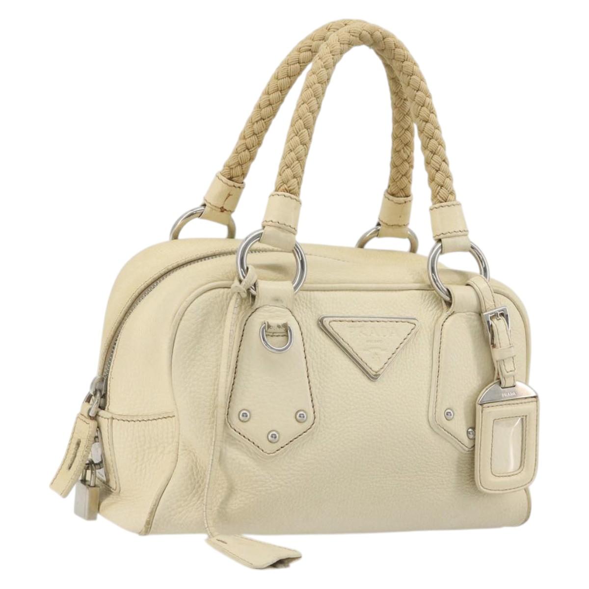 PRADA Hand Bag Leather Ivory Silver Auth 195183