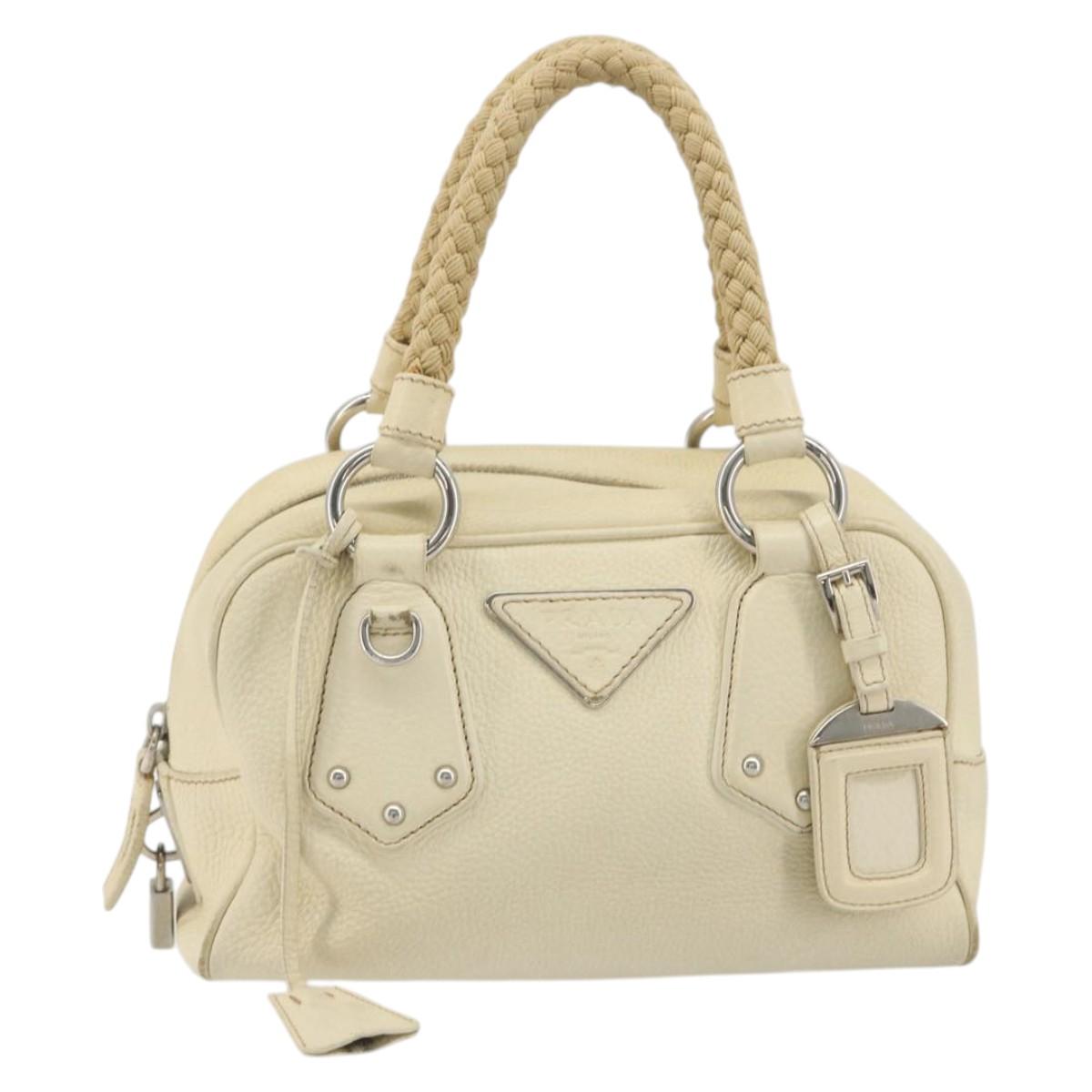PRADA Hand Bag Leather Ivory Silver Auth 195183