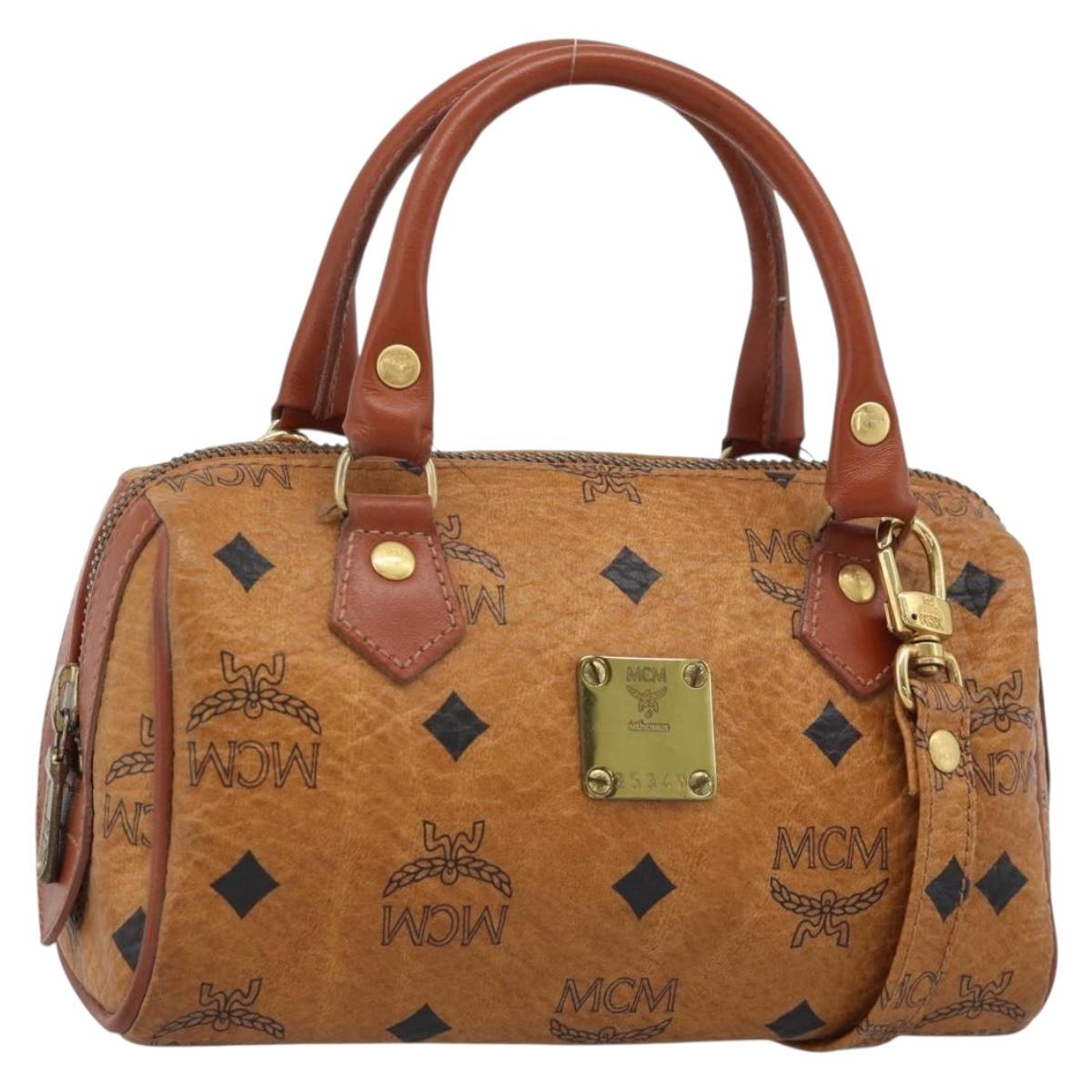 MCM Vicetos Logogram Hand Bag PVC Leather 2way White Gold Auth 195198