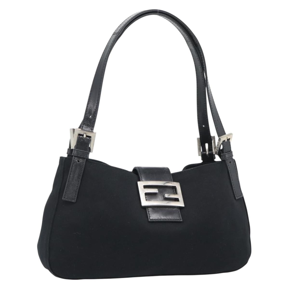FENDI Mamma Baguette Shoulder Bag Cotton jersey Black Silver Auth 195200A