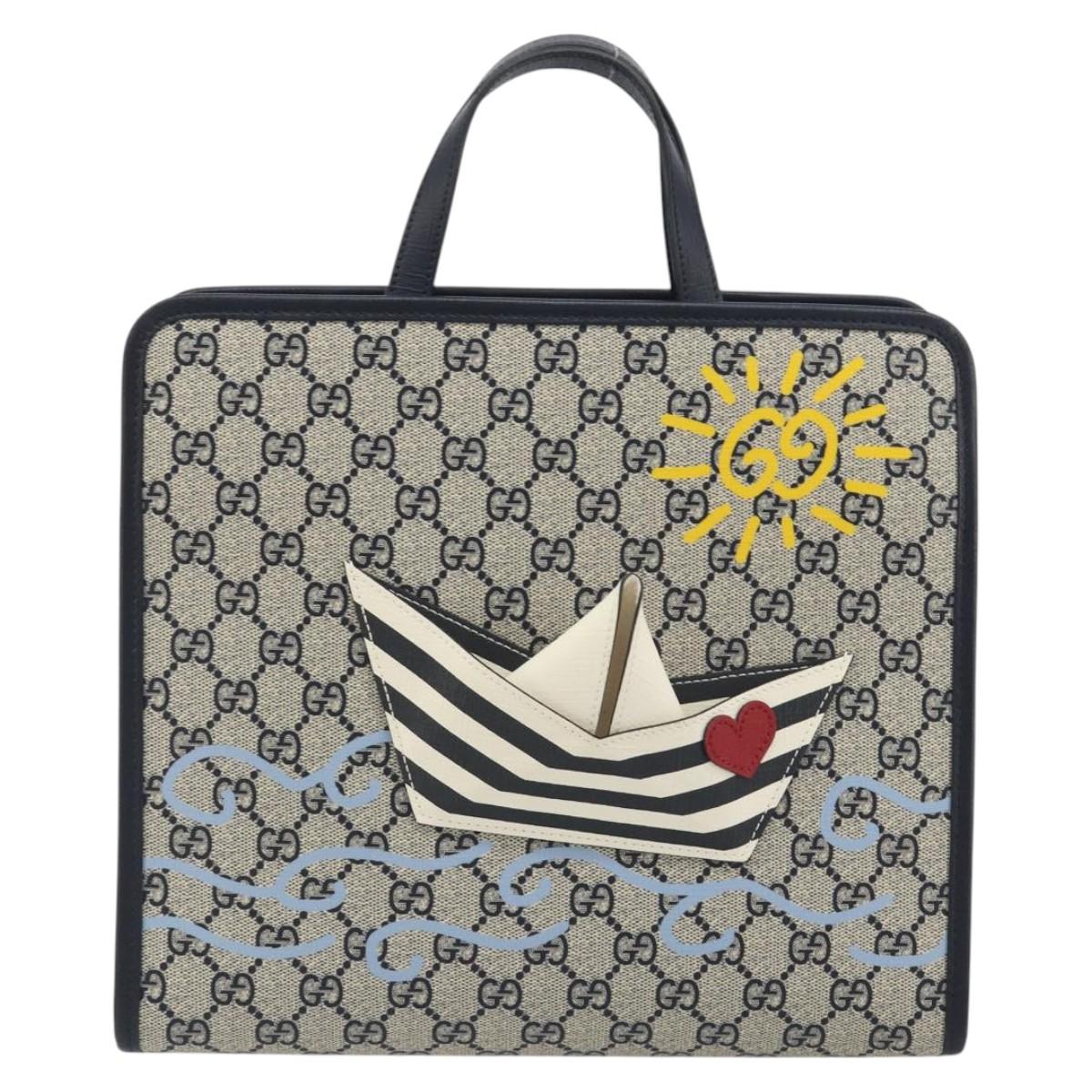 GUCCI GG Supreme Hand Bag PVC Navy Gold Auth 195213M