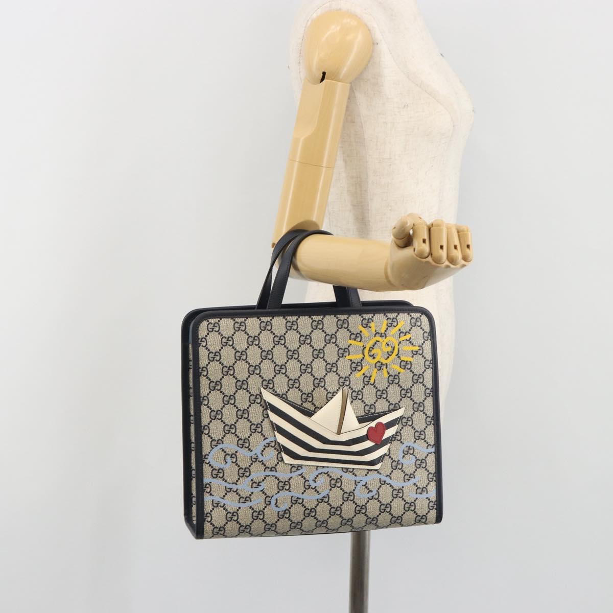 GUCCI GG Supreme Hand Bag PVC Navy Gold Auth 195213M