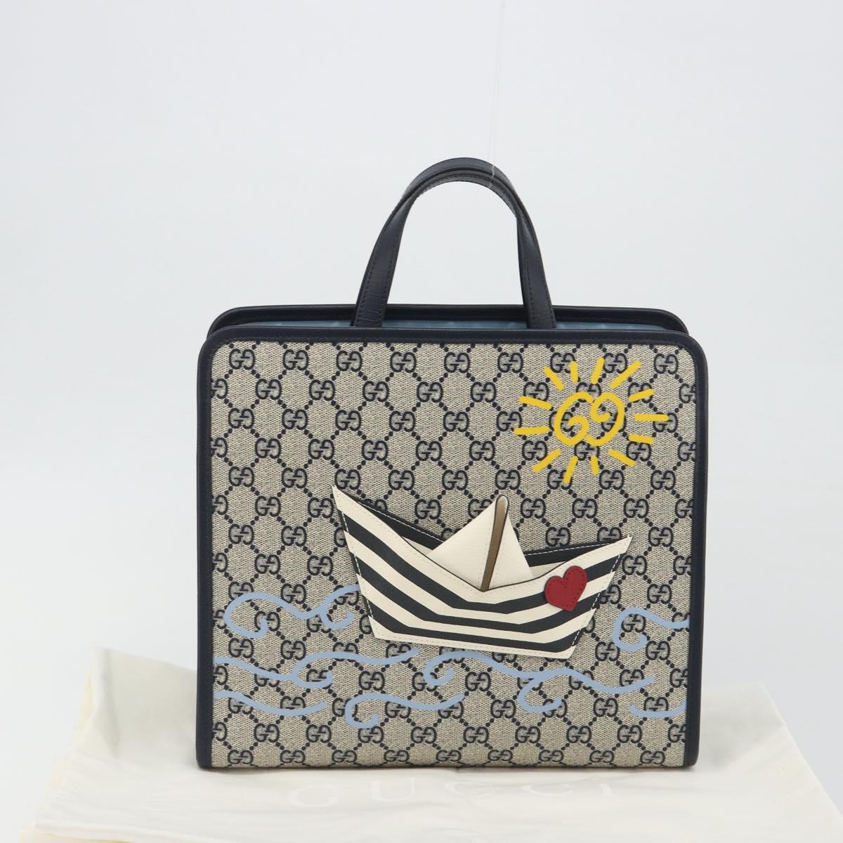 GUCCI GG Supreme Hand Bag PVC Navy Gold Auth 195213M