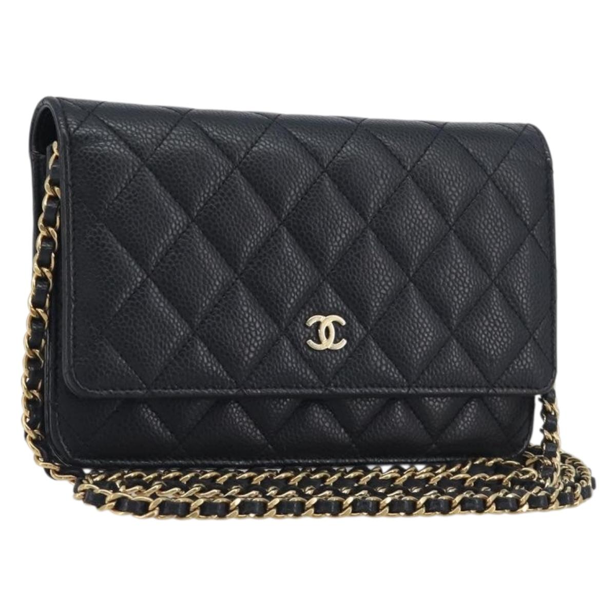 CHANEL Chain Wallet Matelasse Bag Caviar Skin Black Gold CC Auth 195222V