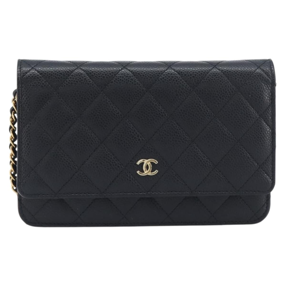 CHANEL Chain Wallet Matelasse Bag Caviar Skin Black Gold CC Auth 195222V