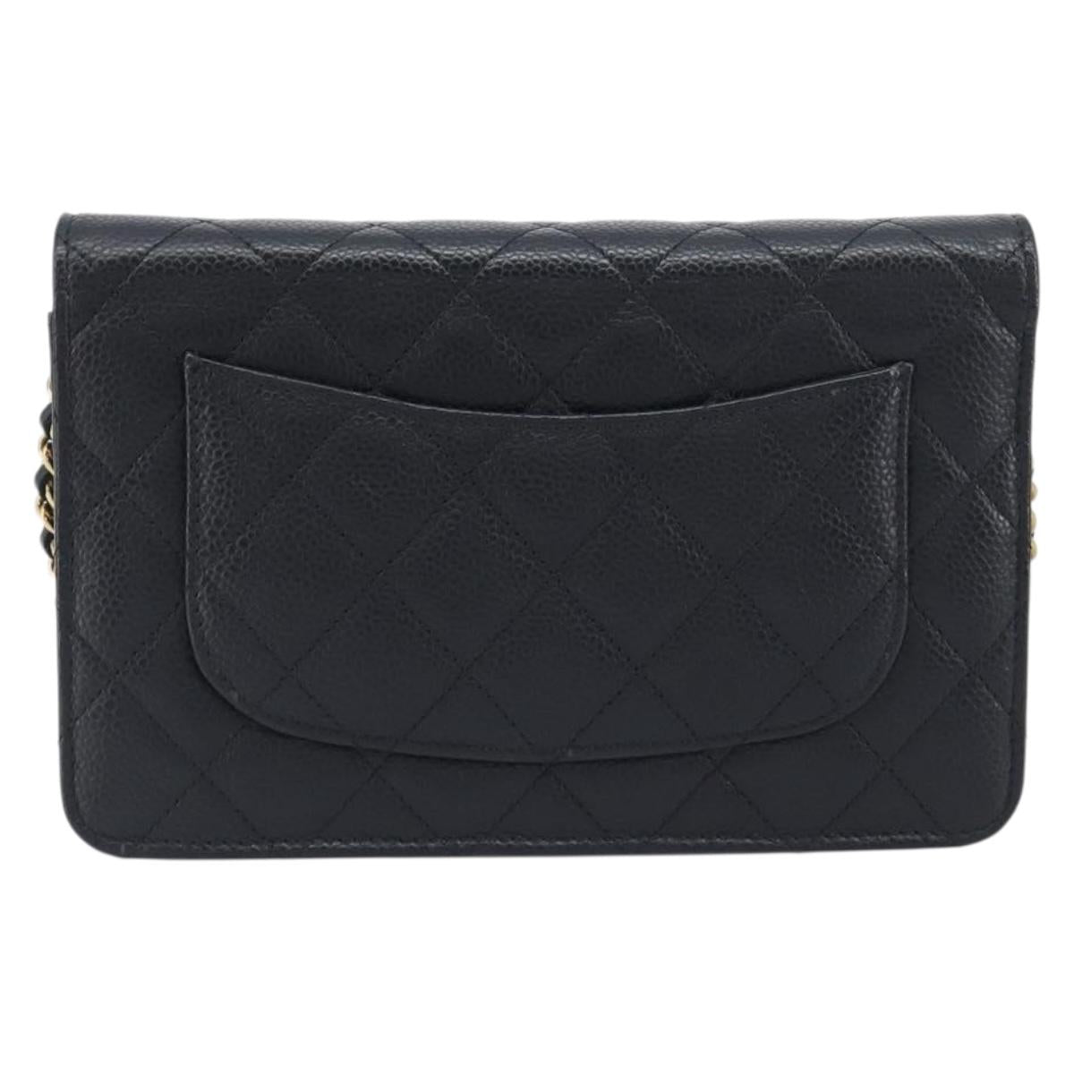 CHANEL Chain Wallet Matelasse Bag Caviar Skin Black Gold CC Auth 195222V